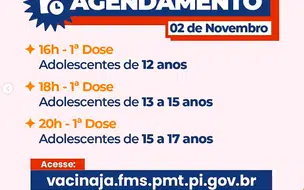 Teresina abre agendamento para público de 12 anos e mais nesta terça-feira 02