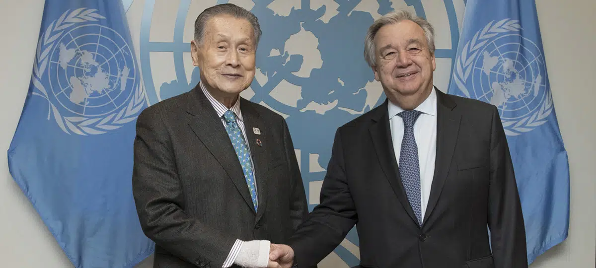 Presidente do Comitê Organizador dos Jogos Olímpicos e Paralímpicos de Tóquio, com Guterres, secretário-geral da ONU