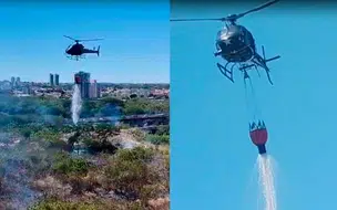 Helicóptero da PM apaga incêndio que ameaçava depósito de gás na zona sul de THE