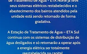 Águas de Teresina comunica normalização no abastecimento de água após apagão