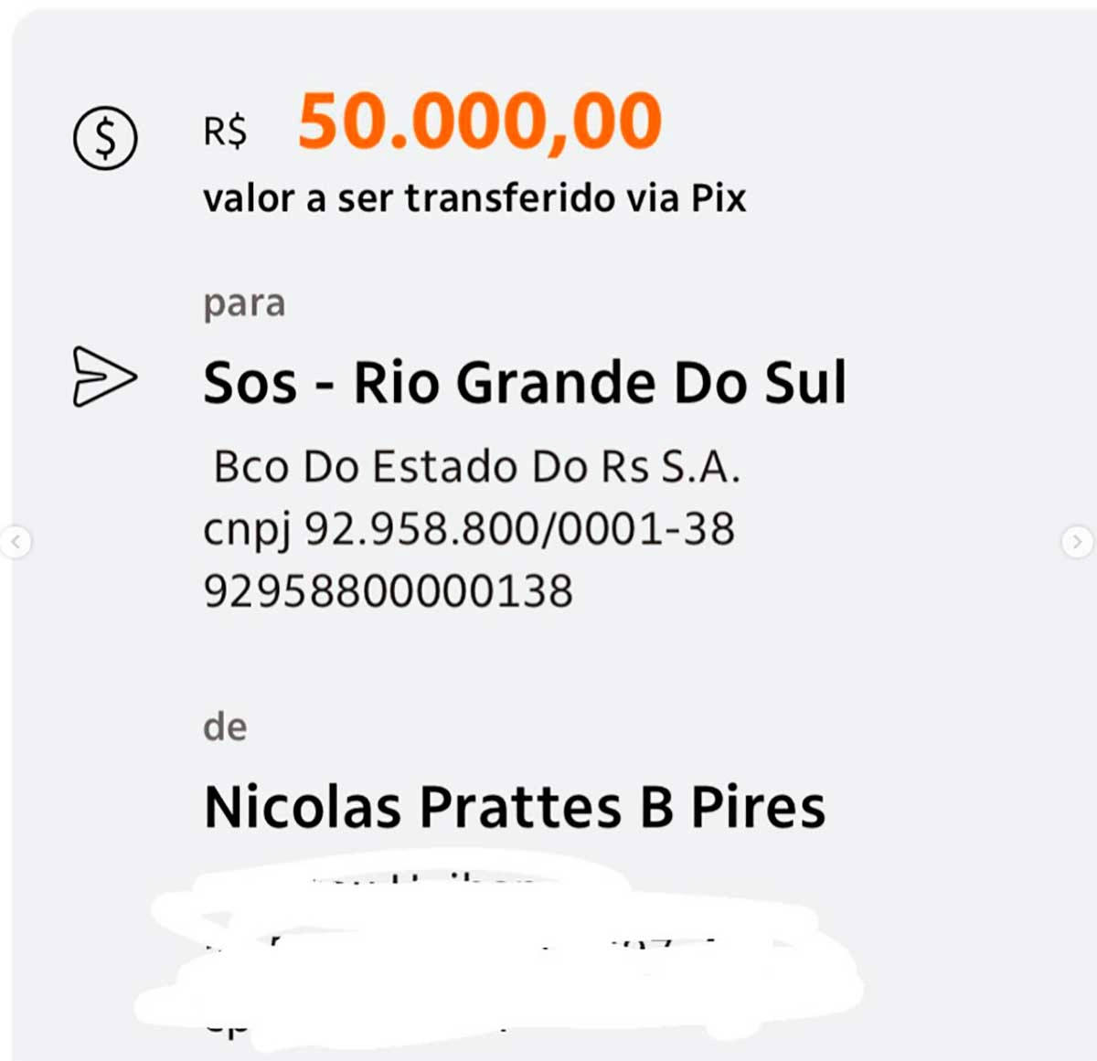 O ator também compartilhou o valor doado em seu instagram