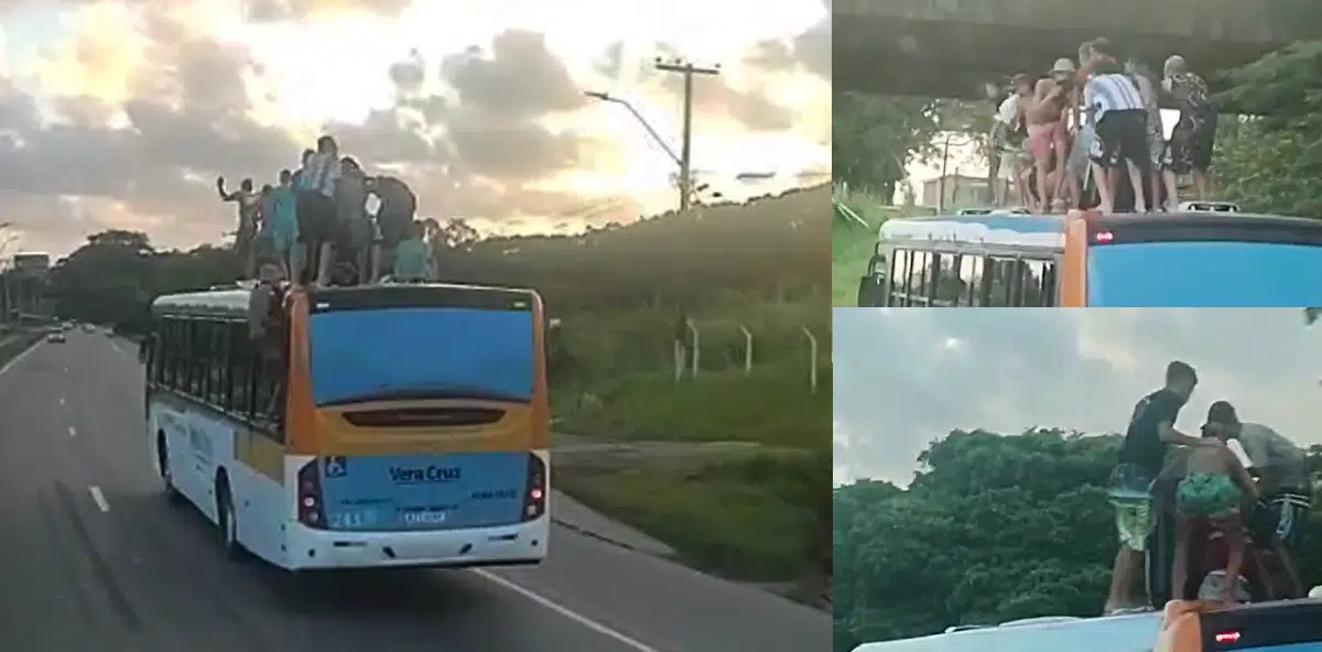 Vídeo mostra jovens arriscando a vida em cima de ônibus em movimento na Estação do Barro, Recife.