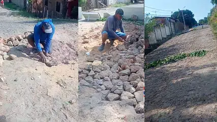 Moradores do Bairro Satélite fazem reparos no calçamento diante da falta de resposta