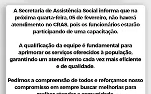 CRAS de Pimenteiras-PI suspende atendimento para capacitação nessa quarta dia 5