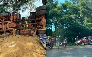 Populares tentam saquear carga de soja após caminhão tombar na BR-135