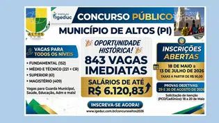 Prefeitura de Altos lança concurso com 843 vagas e salários de até R$ 6,1 mil