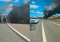Caminhoneiro fica ferido após caminhão carregado de granito tombar e pegar fogo em Patos do Piauí