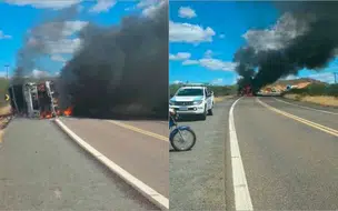 Caminhoneiro fica ferido após caminhão carregado de granito tombar e pegar fogo em Patos do Piauí