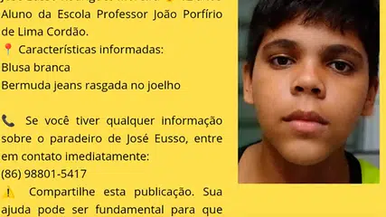 Menino de 12 anos desaparece em Teresina e familiares buscam ajuda para localizá-lo