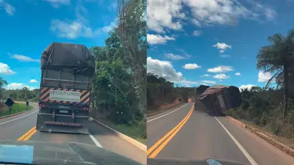 Carreta carregada de algodão perde o controle e tomba na PI-247, em Uruçuí