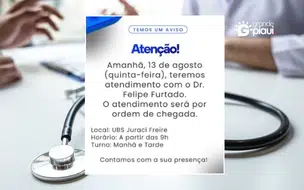 Secretaria de Saúde de Coivaras anuncia atendimento médico nesta quinta-feira